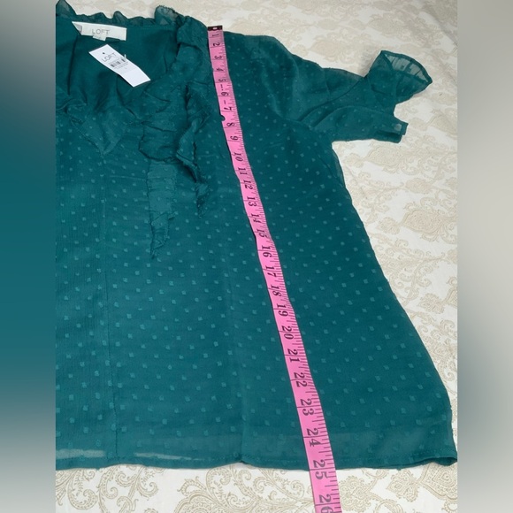 LOFT Teal Hunter Green Ruffle Front Swiss Dot Blouse Women’s Large NWT - Picture 6 of 9
